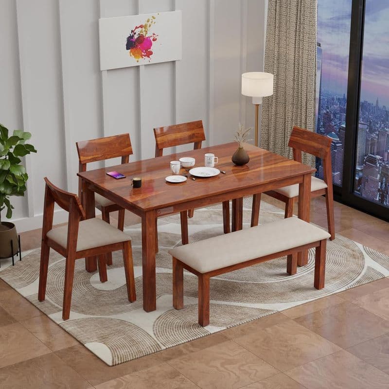 Liana 6 Seater Dining Set With Bench In Honey Finish( Beige) 
