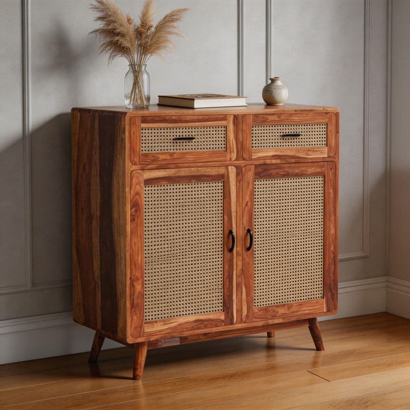Amber Sideboard Cabinet with Cane Doors & Drawers In Honey Finish