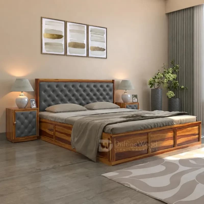 Dolvi King Size Bed in Honey Finish with Charcoal Grey Rexine Headboard