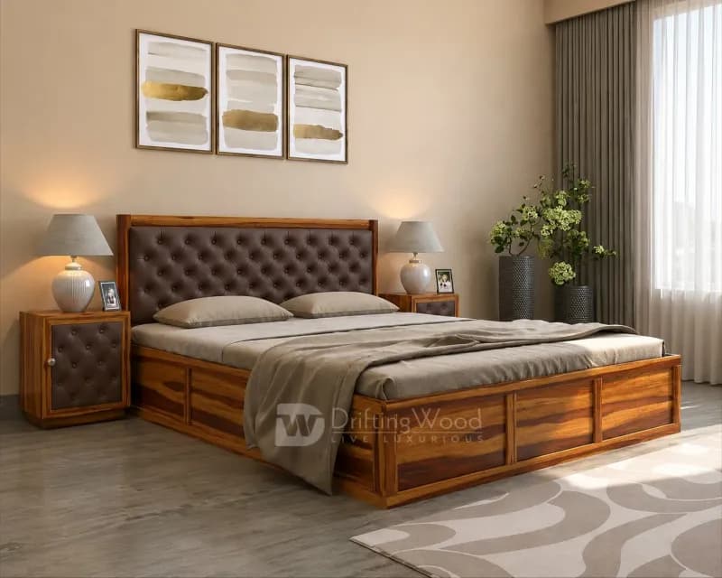 Dolvi King Size Bed in Honey Finish with Chocolate Brown Rexine Headboard
